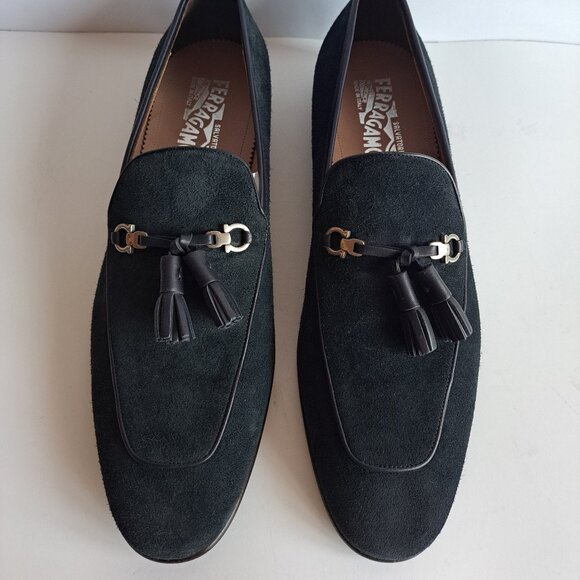 New Salvatore Ferragamo Dark Blue Suede Loafers with Tassel & Gancini Size 11 main image 10